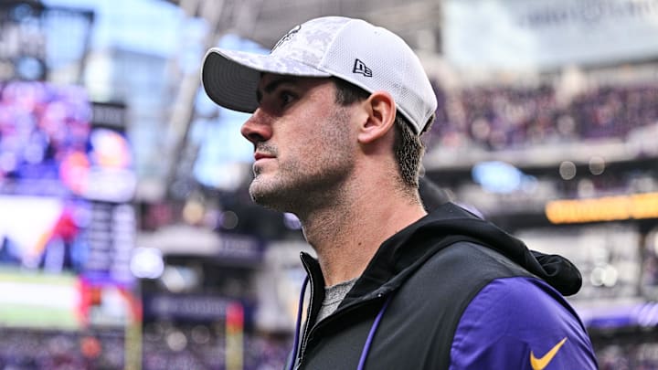 Dec 1, 2024; Minneapolis, Minnesota, USA; Newly acquired Minnesota Vikings quarterback Daniel Jones walks off the field after the game against the Arizona Cardinals at U.S. Bank Stadium.  