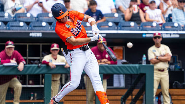Jun 16, 2024; Omaha, NE, USA; Virginia Cavaliers second baseman Henry Godbout (2) hits a single against the Florida State Seminoles during the first inning at Charles Schwab Field Omaha. Mandatory Credit: Dylan Widger-Imagn Images Jun 16, 2024; Omaha, NE, USA; Virginia Cavaliers second baseman Henry Godbout (2) hits a single against the Florida State Seminoles during the first inning at Charles Schwab Field Omaha. Mandatory Credit: Dylan Widger-Imagn Images
