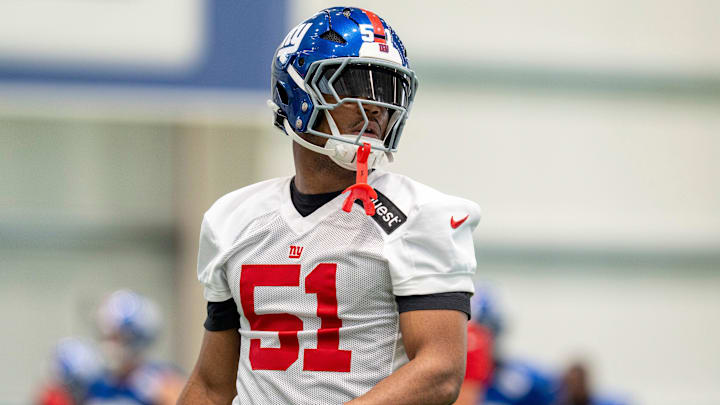 New York Giants linebacker Abdul Carter (51) warms up during Mandatory Minicamp at Quest Diagnostics Giants Training Center in East Rutherford on Tuesday, June 17, 2025.