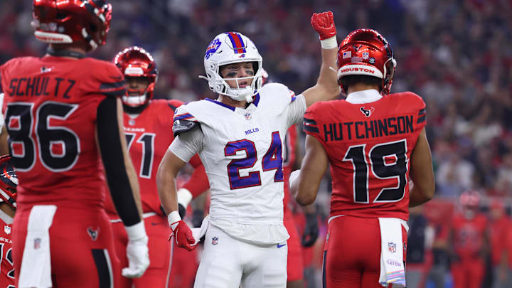 Nov 20, 2025; Houston, Texas, USA; Buffalo Bills safety Cole Bishop (24) reacts after a play against the Houston Texans in the second quarter at NRG Stadium. 