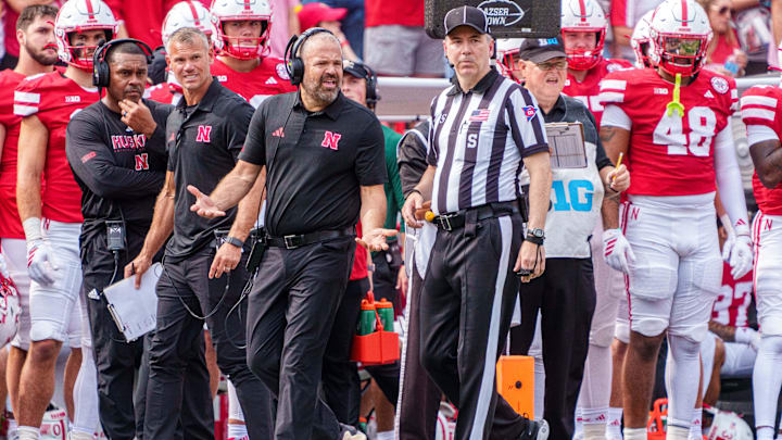 Sep 20, 2025; Lincoln, Nebraska, USA; Nebraska Cornhuskers head coach Matt Rhule reacts to a call during the second quarter against the Michigan Wolverines at Memorial Stadium. 