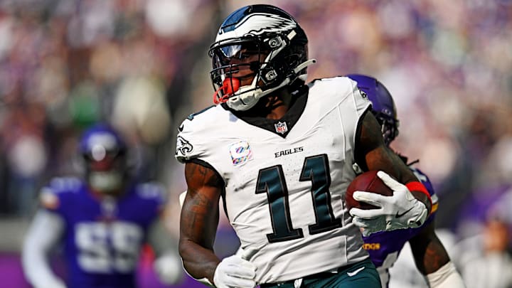Oct 19, 2025; Minneapolis, Minnesota, USA; Philadelphia Eagles wide receiver A.J. Brown (11) makes a catch during the first half against the Minnesota Vikings at U.S. Bank Stadium. Mandatory Credit: Jeffrey Becker-Imagn Images