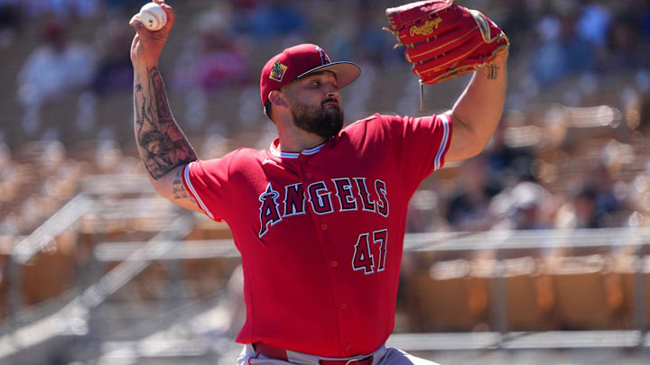 Mar 11, 2026; Phoenix, Arizona, USA; Los Angeles Angels pitcher Alek Manoah (47) pitches against the Chicago White Sox during the second inning at Camelback Ranch-Glendale. Mandatory Credit: Joe Camporeale-Imagn Images