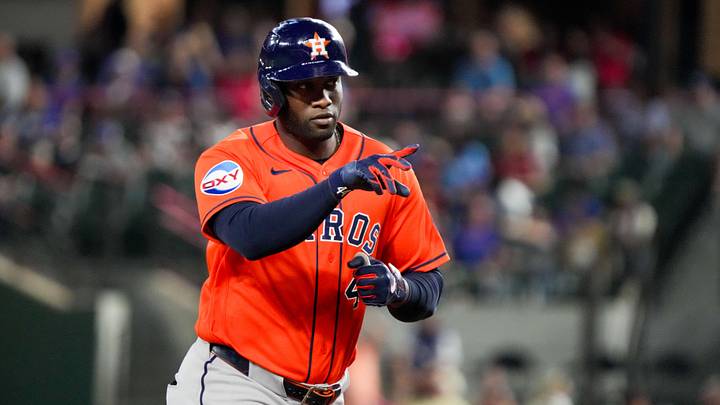 May 26, 2026; Arlington, Texas, USA; Houston Astros designated hitter Yordan Alvarez (44) reacts as he rounds the bases after hitting a solo home run against the Texas Rangers during the eighth inning at Globe Life Field. Mandatory Credit: Raymond Carlin III-Imagn Images