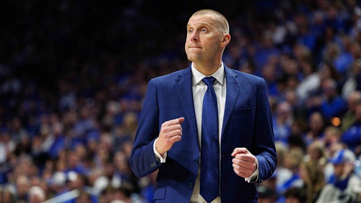 Nov 22, 2024; Lexington, Kentucky, USA; Kentucky Wildcats head coach Mark Pope reacts to the action during the second half against the Jackson State Tigers at Rupp Arena at Central Bank Center. Mandatory Credit: Jordan Prather-Imagn Images