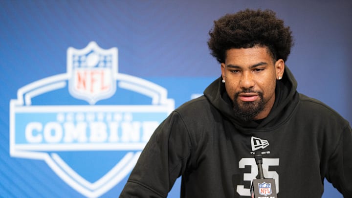 Feb 27, 2026; Indianapolis, IN, USA; Mississippi wideout De'Zhaun Stribling (WO35) speaks to members of the media during the NFL Combine at the Indiana Convention Center. Mandatory Credit: Jacob Musselman-Imagn Images