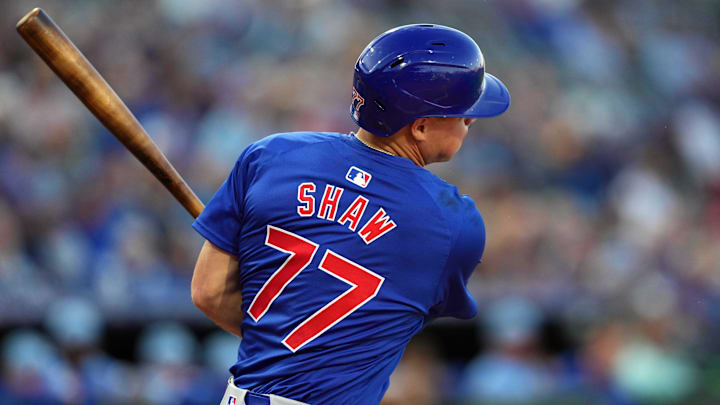 Mar 5, 2024; Surprise, Arizona, USA; Chicago Cubs third baseman Matt Shaw (77) bats against the Kansas City Royals during the second inning at Surprise Stadium. Mar 5, 2024; Surprise, Arizona, USA; Chicago Cubs third baseman Matt Shaw (77) bats against the Kansas City Royals during the second inning at Surprise Stadium.