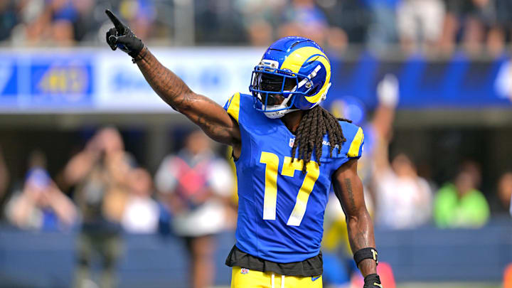 Sep 28, 2025; Inglewood, California, USA; Los Angeles Rams wide receiver Davante Adams (17) celebrates after a touchdown in the first half against the Indianapolis Colts at SoFi Stadium. Mandatory Credit: Jayne Kamin-Oncea-Imagn Images