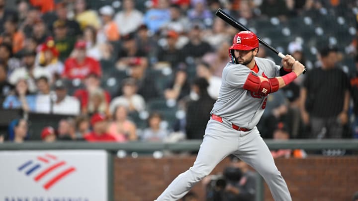 Sep 23, 2025; San Francisco, California, USA; St. Louis Cardinals catcher Jimmy Crooks (8) stands at bat against the San Francisco Giants during the first inning at Oracle Park. Mandatory Credit: Eakin Howard-Imagn Images Sep 23, 2025; San Francisco, California, USA; St. Louis Cardinals catcher Jimmy Crooks (8) stands at bat against the San Francisco Giants during the first inning at Oracle Park. Mandatory Credit: Eakin Howard-Imagn Images