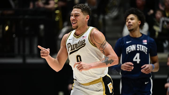 Purdue Boilermakers forward Mason Gillis (0) reacts after making a three point shot Purdue Boilermakers forward Mason Gillis (0) reacts after making a three point shot