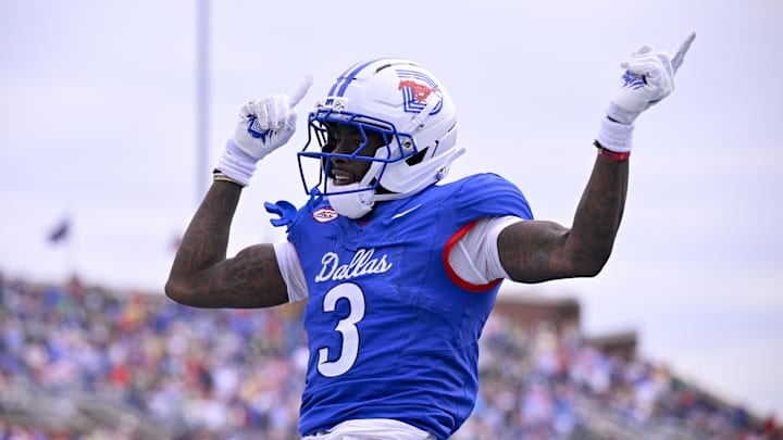 Sep 6, 2025; Dallas, Texas, USA; SMU Mustangs wide receiver Romello Brinson (3) celebrates during the game between the SMU Mustangs and the Baylor Bears at Gerald J. Ford Stadium. Mandatory Credit: Jerome Miron-Imagn Images