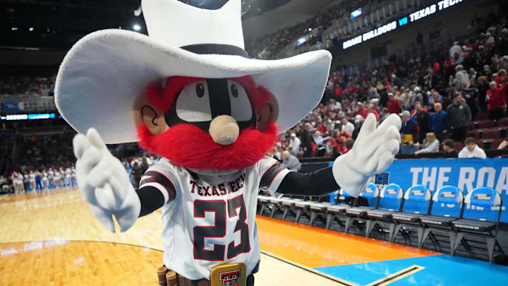 Mar 22, 2025; Wichita, KS, USA; Texas Tech Red Raiders mascot Raider Red gestures on the court before the game between the Texas Tech Red Raiders and the Drake Bulldogs at Intrust Bank Arena. Mandatory Credit: Kirby Lee-Imagn Images