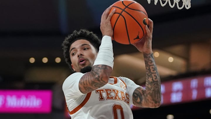 Texas Longhorns guard Jordan Pope rebounds against Fairleigh Dickinson during the second half at Moody Center.