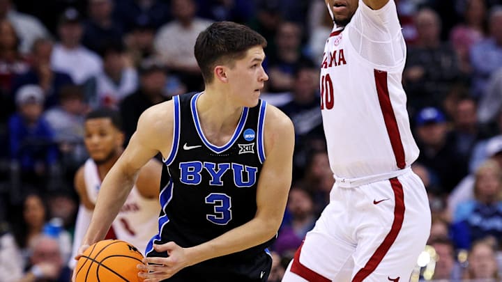 Mar 27, 2025; Newark, NJ, USA; Brigham Young Cougars guard Egor Demin (3) handles the ball against Alabama Crimson Tide forward Mouhamed Dioubate (10) during the second half during an East Regional semifinal of the 2025 NCAA tournament at Prudential Center. Mandatory Credit: Vincent Carchietta-Imagn Images Mar 27, 2025; Newark, NJ, USA; Brigham Young Cougars guard Egor Demin (3) handles the ball against Alabama Crimson Tide forward Mouhamed Dioubate (10) during the second half during an East Regional semifinal of the 2025 NCAA tournament at Prudential Center. Mandatory Credit: Vincent Carchietta-Imagn Images