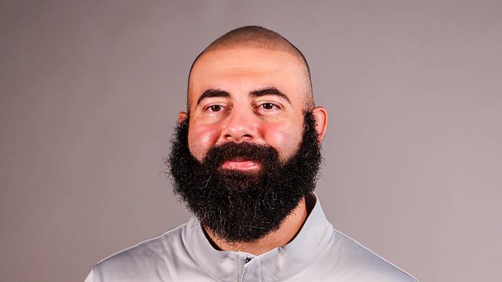 Sep 29, 2025; Atlanta, GA, USA; Atlanta Hawks general manager Onsi Saleh poses for a photo at media day Sep 29, 2025; Atlanta, GA, USA; Atlanta Hawks general manager Onsi Saleh poses for a photo at media day