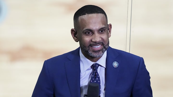 Apr 3, 2021; Indianapolis, Indiana, USA; CBS announcer Grant Hill 