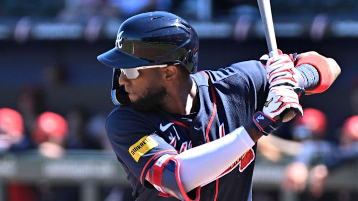 Feb 25, 2026; North Port, Florida, USA;  Atlanta Braves left fielder Jurickson Profar (17) bats in the first inning against the Pittsburgh Pirates during spring training at CoolToday Park. Mandatory Credit: Jonathan Dyer-Imagn Images
