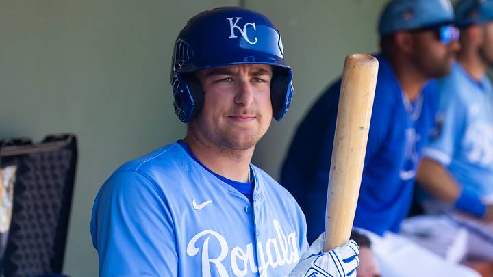 Mar 21, 2024; Surprise, Arizona, USA; Kansas City Royals designated hitter Gavin Cross against the Chicago White Sox during a spring training baseball game at Surprise Stadium. Mandatory Credit: Mark J. Rebilas-USA TODAY Sports