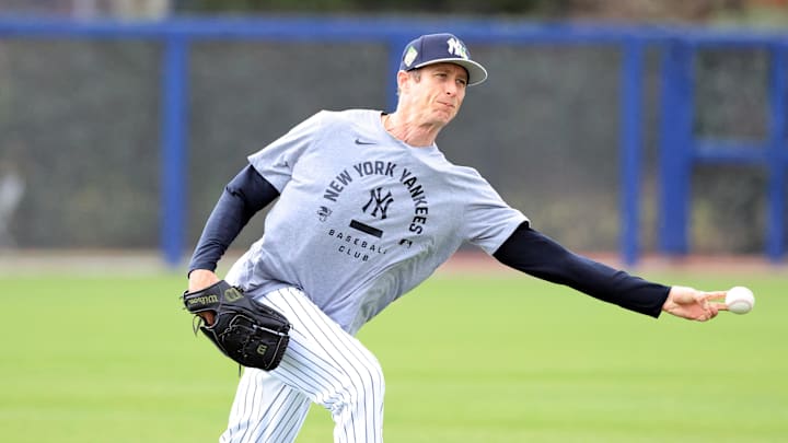 Feb 12, 2026; Tampa, FL, USA; New York Yankees pitcher Tim Hill (41) works out during spring training workouts at George M. Steinbrenner Field. Mandatory Credit: Kim Klement Neitzel-Imagn Images