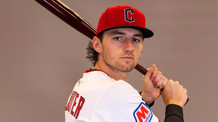 Feb 19, 2026; Goodyear, AZ, USA; Cleveland Guardians right fielder Chase DeLauter (24) during media day in Goodyear. Mandatory Credit: Arianna Grainey-Imagn Images