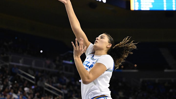 Feb 2, 2025; Los Angeles, California, USA; UCLA Bruins center Lauren Betts (51) shoots during the third quarter against the Minnesota Golden Gophers at Pauley Pavilion presented by Wescom. Mandatory Credit: Robert Hanashiro-Imagn Images Feb 2, 2025; Los Angeles, California, USA; UCLA Bruins center Lauren Betts (51) shoots during the third quarter against the Minnesota Golden Gophers at Pauley Pavilion presented by Wescom. Mandatory Credit: Robert Hanashiro-Imagn Images