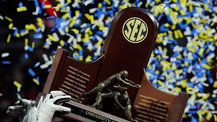 Georgia celebrates after the winning the SEC championship game against Texas in Atlanta, on Saturday, Dec. 7, 2024. Georgia won 22-19.
