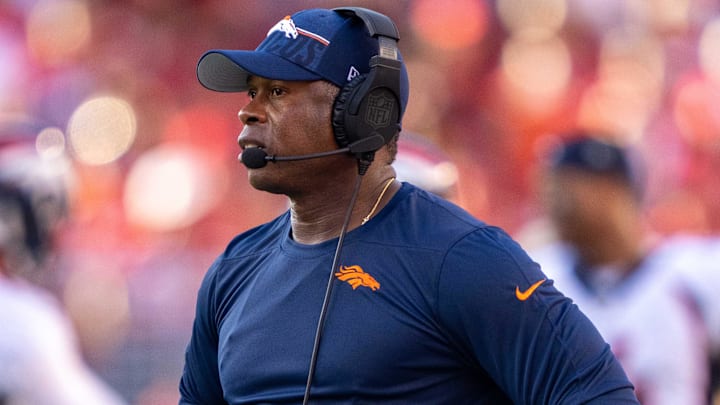 August 19, 2023; Santa Clara, California, USA; Denver Broncos defensive coordinator Vance Joseph during the second quarter against the San Francisco 49ers at Levi's Stadium. 