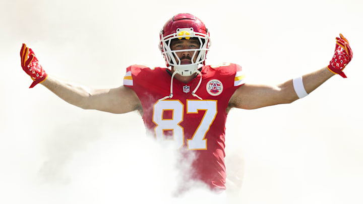 Sep 15, 2024; Kansas City, Missouri, USA; Kansas City Chiefs tight end Travis Kelce (87) takes the field prior to a game against the Cincinnati Bengals at GEHA Field at Arrowhead Stadium. Mandatory Credit: Jay Biggerstaff-Imagn Images
