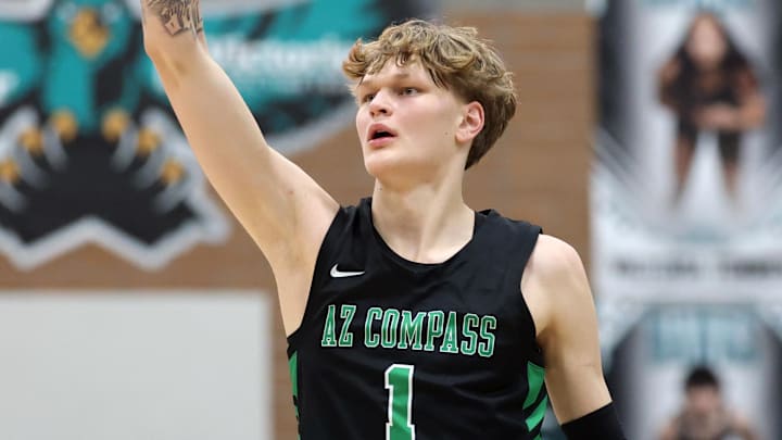 Jan 3, 2025; Gilbert, AZ, USA; Arizona Compass Prep forward Miikka Muurinen (1) against CIA Bella Vista (AZ) during the Hoophall West High School Invitational at Highland High School. Mandatory Credit: Mark J. Rebilas-Imagn Images