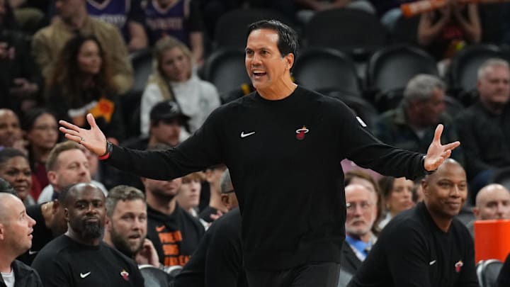 Nov 6, 2024; Phoenix, Arizona, USA; Miami Heat head coach Erik Spoelstra looks on against the Phoenix Suns ring the first half at Footprint Center. Mandatory Credit: Joe Camporeale-Imagn Images Nov 6, 2024; Phoenix, Arizona, USA; Miami Heat head coach Erik Spoelstra looks on against the Phoenix Suns ring the first half at Footprint Center. Mandatory Credit: Joe Camporeale-Imagn Images