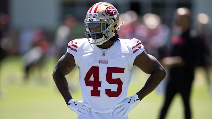 May 9, 2025; Santa Clara, CA, USA; San Francisco 49ers third-round draft pick Nick Martin (45) works out with his teammates during the teamís rookie minicamp. Mandatory Credit: D. Ross Cameron-Imagn Images