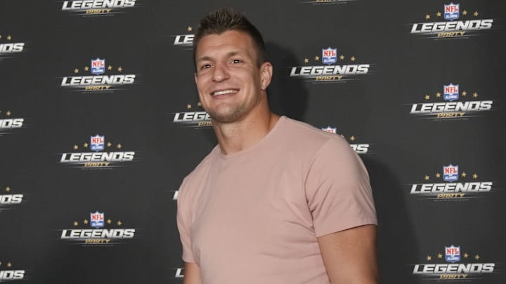 Feb 11, 2022; Los Angeles, CA, USA; Tampa Bay Buccaneers tight end Rob Gronkowski during the NFL Alumni Legends Party Presented by USA TODAY NETWORK Ventures at Avalon Hollywood. Mandatory Credit: Kirby Lee-Imagn Images