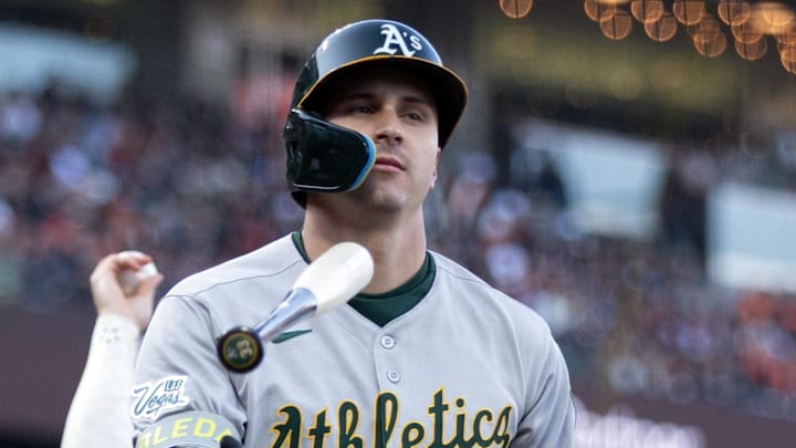 May 17, 2025; San Francisco, California, USA; Athletics center fielder JJ Bleday (33) flips his bat on the way back to the dugout after striking out against the San Francisco Giants during the second inning at Oracle Park. Mandatory Credit: D. Ross Cameron-Imagn Images May 17, 2025; San Francisco, California, USA; Athletics center fielder JJ Bleday (33) flips his bat on the way back to the dugout after striking out against the San Francisco Giants during the second inning at Oracle Park. Mandatory Credit: D. Ross Cameron-Imagn Images