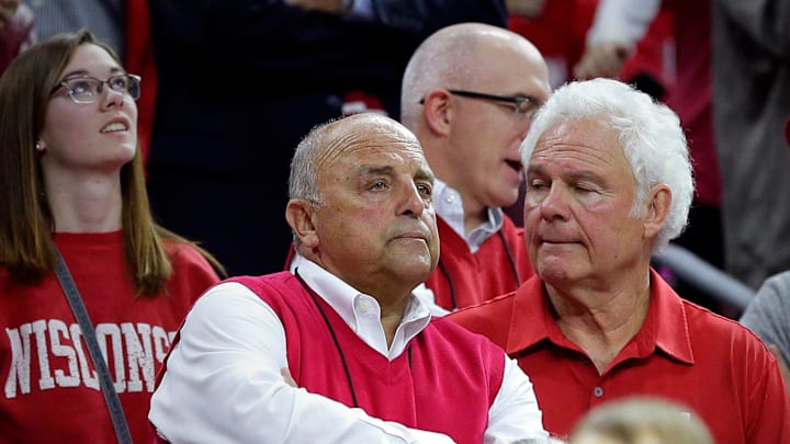 Wisconsin Athletic Director Barry Alvarez watches in the closing minutes during Notre Dame's 61-56 win over Wisconsin to advance to the Elite Eight in the NCAA Tournament East Regional   at the Wells Fargo Center in Philadelphia, PA, Friday,  March 25, 2016. 
