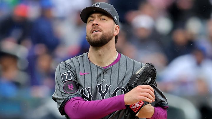 Jun 14, 2025; New York City, New York, USA; New York Mets starting pitcher Tylor Megill (38) reacts during the first inning against the Tampa Bay Rays at Citi Field. Mandatory Credit: Brad Penner-Imagn Images