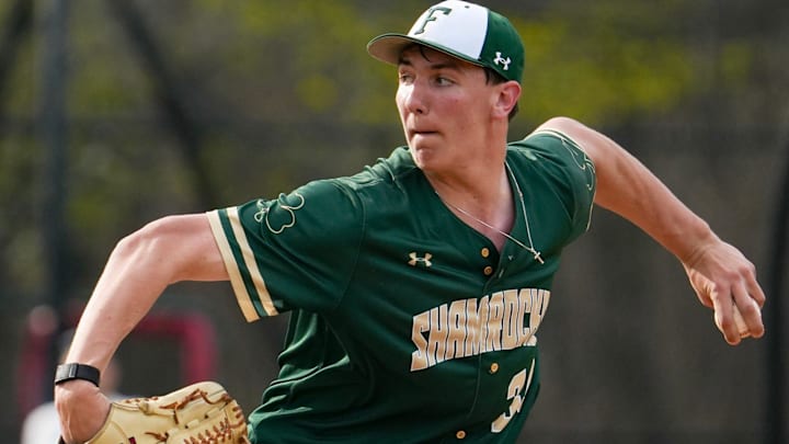 Bishop Feehan’s Brody Bumila starts against St. John’s April 16 in Shrewsbury.