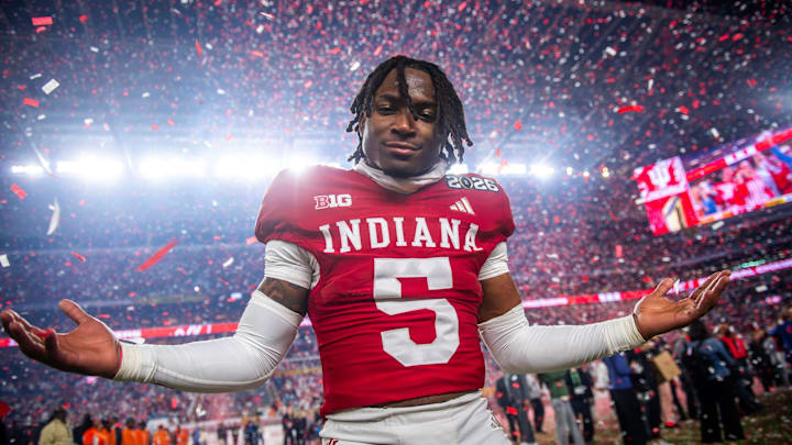 Indiana's D'Angelo Ponds (5) celebrates after the College Football Playoff National Championship college football game at Hard Rock Stadium in Miami Gardens on Monday, Jan. 19, 2026. Indiana's D'Angelo Ponds (5) celebrates after the College Football Playoff National Championship college football game at Hard Rock Stadium in Miami Gardens on Monday, Jan. 19, 2026.
