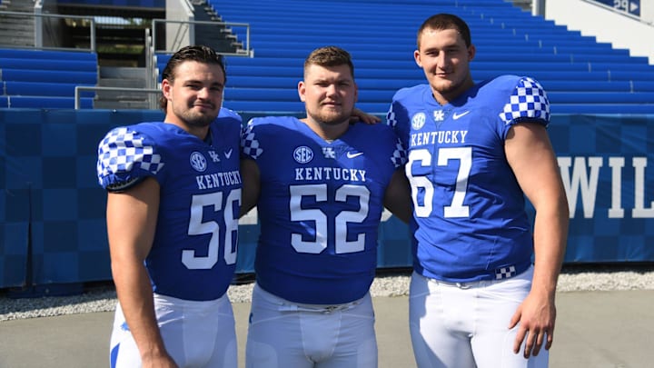 LB Kash Daniel, C Jackson Drake and OT Landon Young during the UK football media day at Kroger Filed in Lexington, Kentucky on Friday, August 3, 2018. 

Kentucky football 2018 Media Day