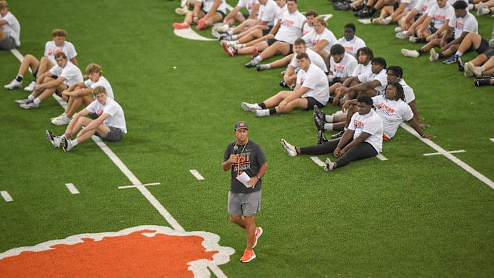 Clemson head coach Dabo Swinney talks with participants during the 2024 Dabo Swinney Football Camp in Clemson in Clemson, S.C. Tuesday, June 4, 2024.