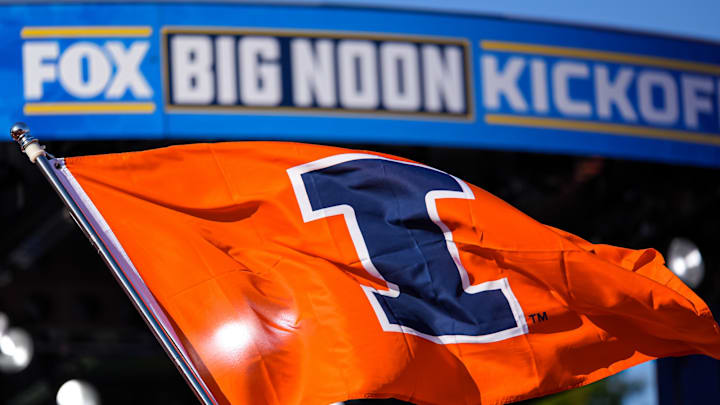 A University of Illinois Block I flag flies in front of the set of Fox's "Big Noon Kickoff" show on its visit to Champaign, Illinois, for the Illini's homecoming football game against USC.