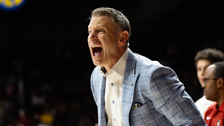 Alabama head coach Nate Oats gets animated after a no foul goal in the second half of the game against Texas on Jan. 10, 2025.