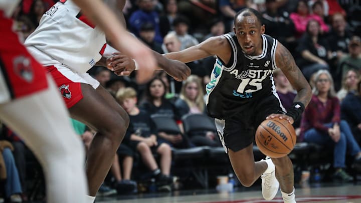 Austin Spurs' Jamaree Bouyea drives to the basket during a game on Sunday, March 10, 2024, at American Bank Center in Corpus Christi, Texas. Austin Spurs' Jamaree Bouyea drives to the basket during a game on Sunday, March 10, 2024, at American Bank Center in Corpus Christi, Texas.