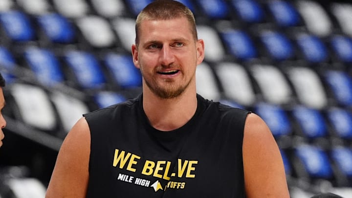 Denver Nuggets center Nikola Jokic (15) before the game against the LA Clippers at Ball Arena.