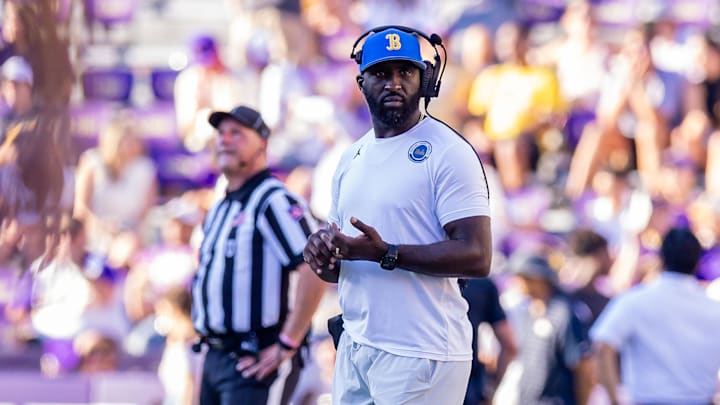 Sep 21, 2024; Baton Rouge, Louisiana, USA;  UCLA Bruins head coach DeShaun Foster looks on during the second half against the LSU Tigers at Tiger Stadium. Mandatory Credit: Stephen Lew-Imagn Images