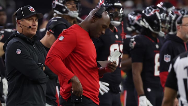 Jan 11, 2025; Houston, Texas, USA;  Houston Texans head coach Demeco Ryans looks on in the third quarter against the Los Angeles Chargers in an AFC wild card game at NRG Stadium.