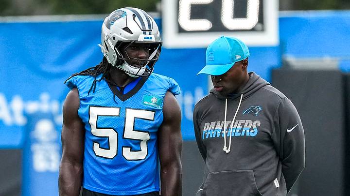 Aug 4, 2026; Charlotte, NC, USA; Carolina Panthers linebacker Devin Lloyd (55) chats with defensive coordinator Ejiro Evero during training camp at Bank of America Stadium. Mandatory Credit: Jim Dedmon-Imagn Images Aug 4, 2026; Charlotte, NC, USA; Carolina Panthers linebacker Devin Lloyd (55) chats with defensive coordinator Ejiro Evero during training camp at Bank of America Stadium. Mandatory Credit: Jim Dedmon-Imagn Images