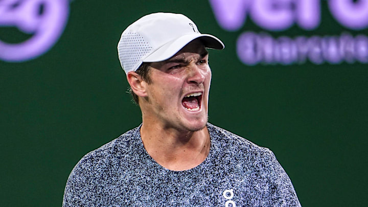 Joao Fonseca celebrates a game win in his third-round match against Tommy Paul at the BNP Paribas Open in Indian Wells, Calif., Sunday, March 8, 2026.