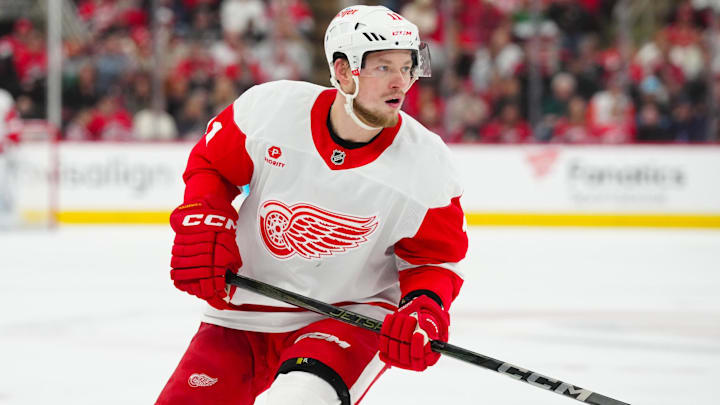 Mar 14, 2025; Raleigh, North Carolina, USA;  Detroit Red Wings right wing Vladimir Tarasenko (11) skates against the Carolina Hurricanes during the second period at Lenovo Center. Mandatory Credit: James Guillory-Imagn Images