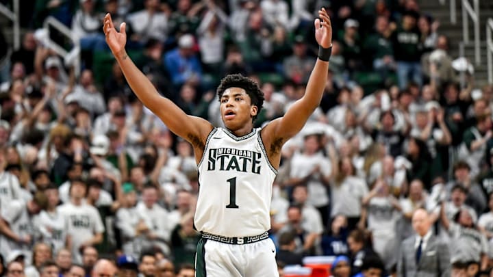 Michigan State's Jeremy Fears Jr. celebrates after a Coen Carr dunk against UCLA during the second half on Tuesday, Feb. 17, 2026, at the Breslin Center in East Lansing.