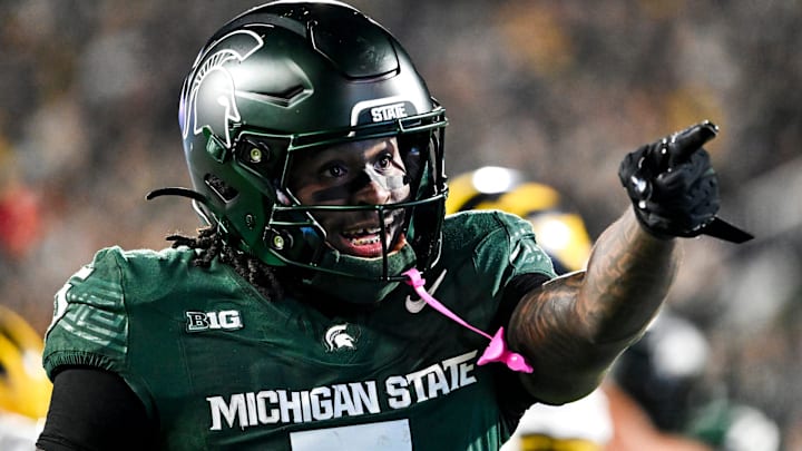 Michigan State's Makhi Frazier celebrates after a run against Michigan during the second quarter on Saturday, Oct. 25, 2025, at Spartan Stadium in East Lansing.